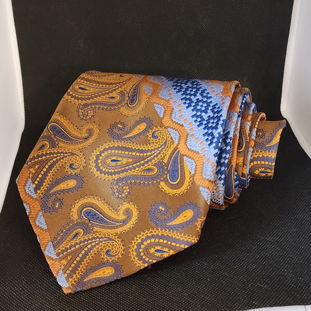 Vintage Leonardo Tie Mens Brown Blue Paisley Necktie Wide 70s Retro